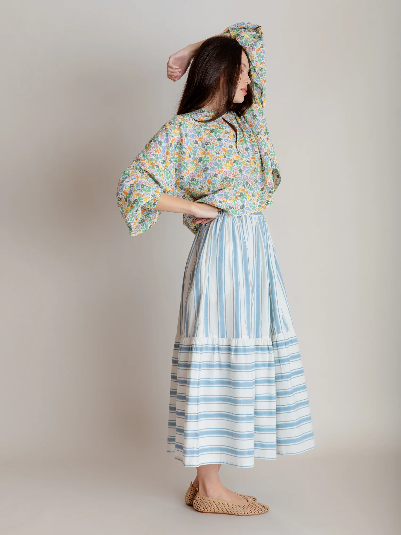 Drawstring Skirt in Blue Ticking - Image 4
