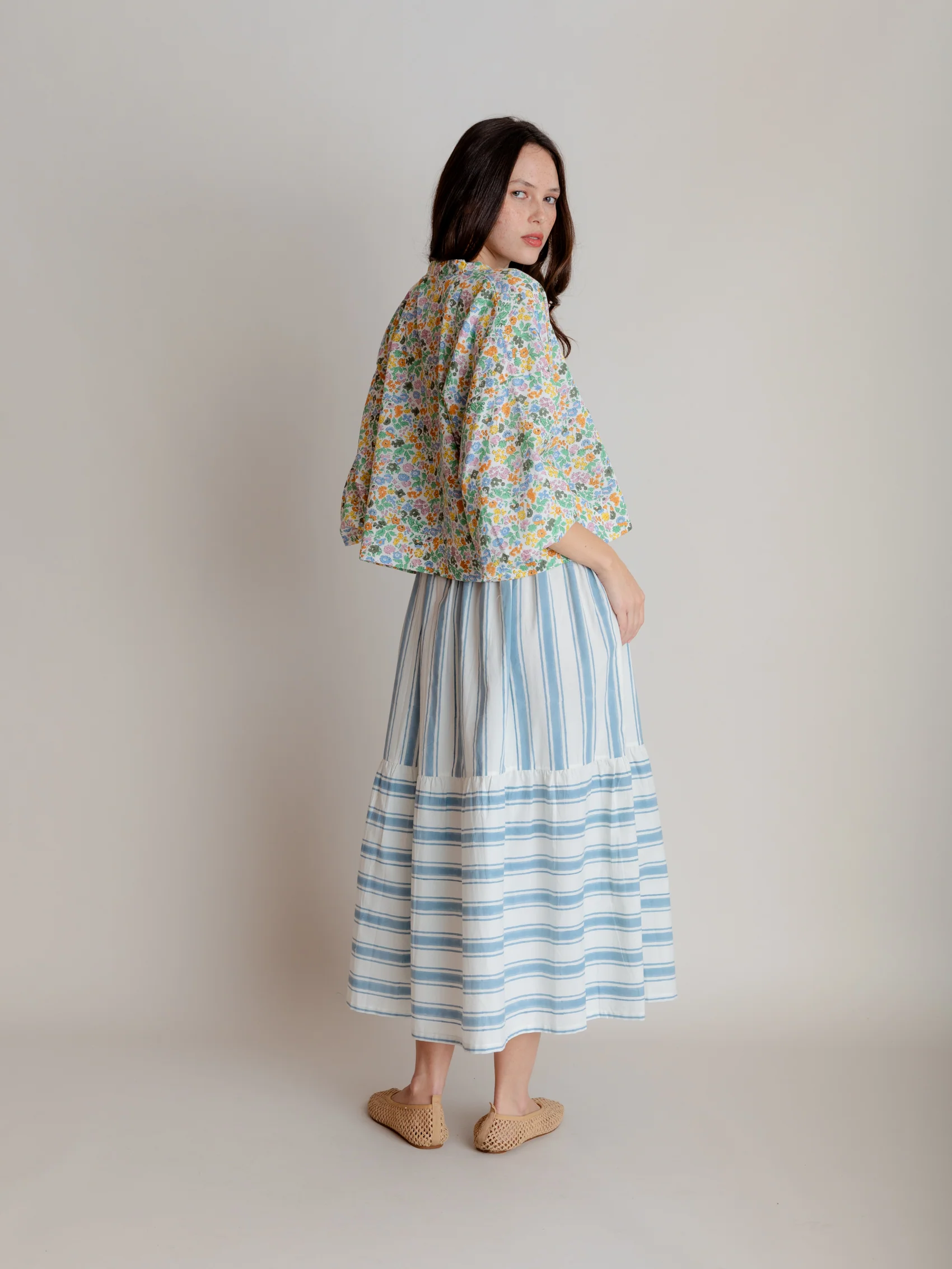Drawstring Skirt in Blue Ticking - Image 5