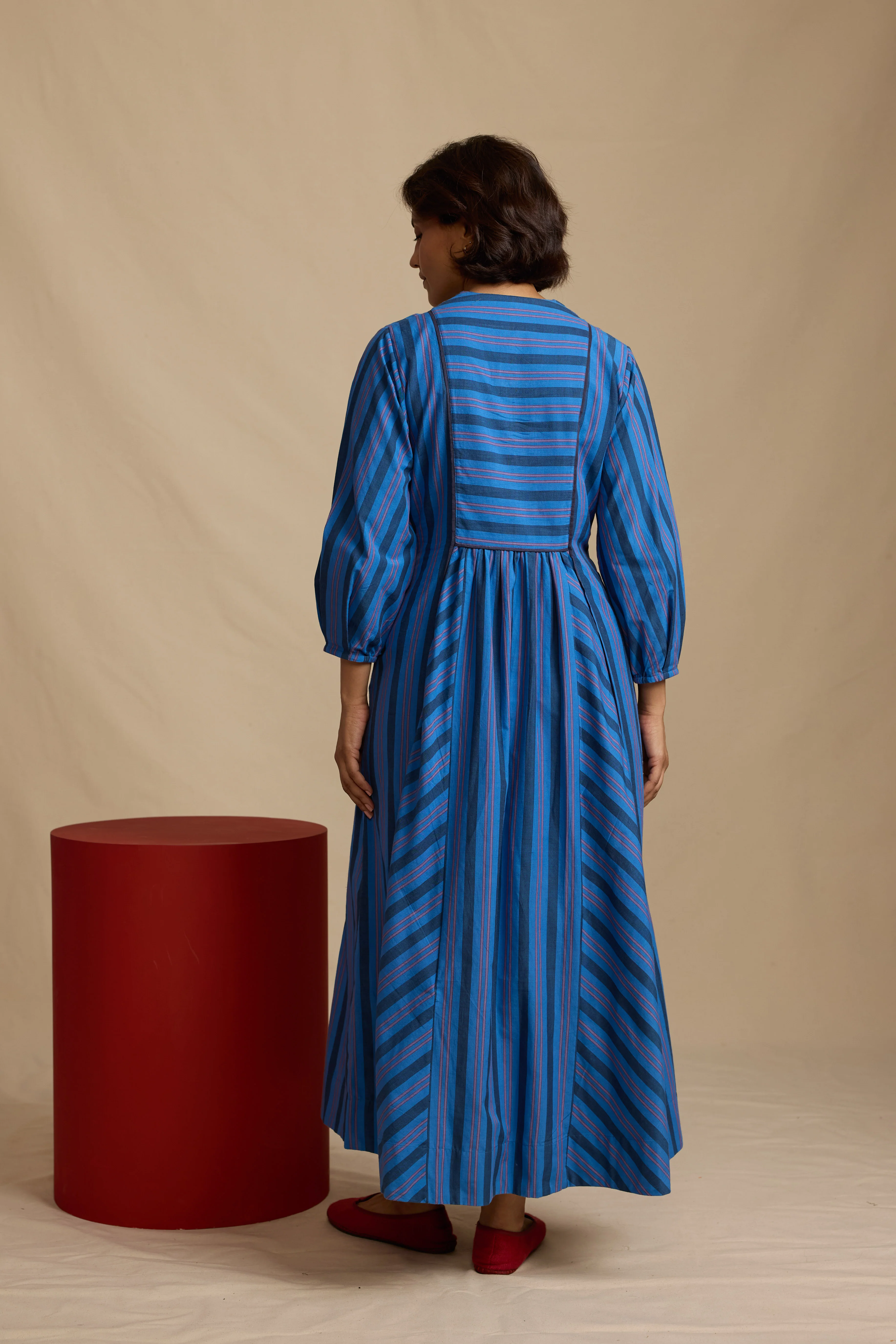 Frances Dress in Blue Handloom Stripe - Image 3