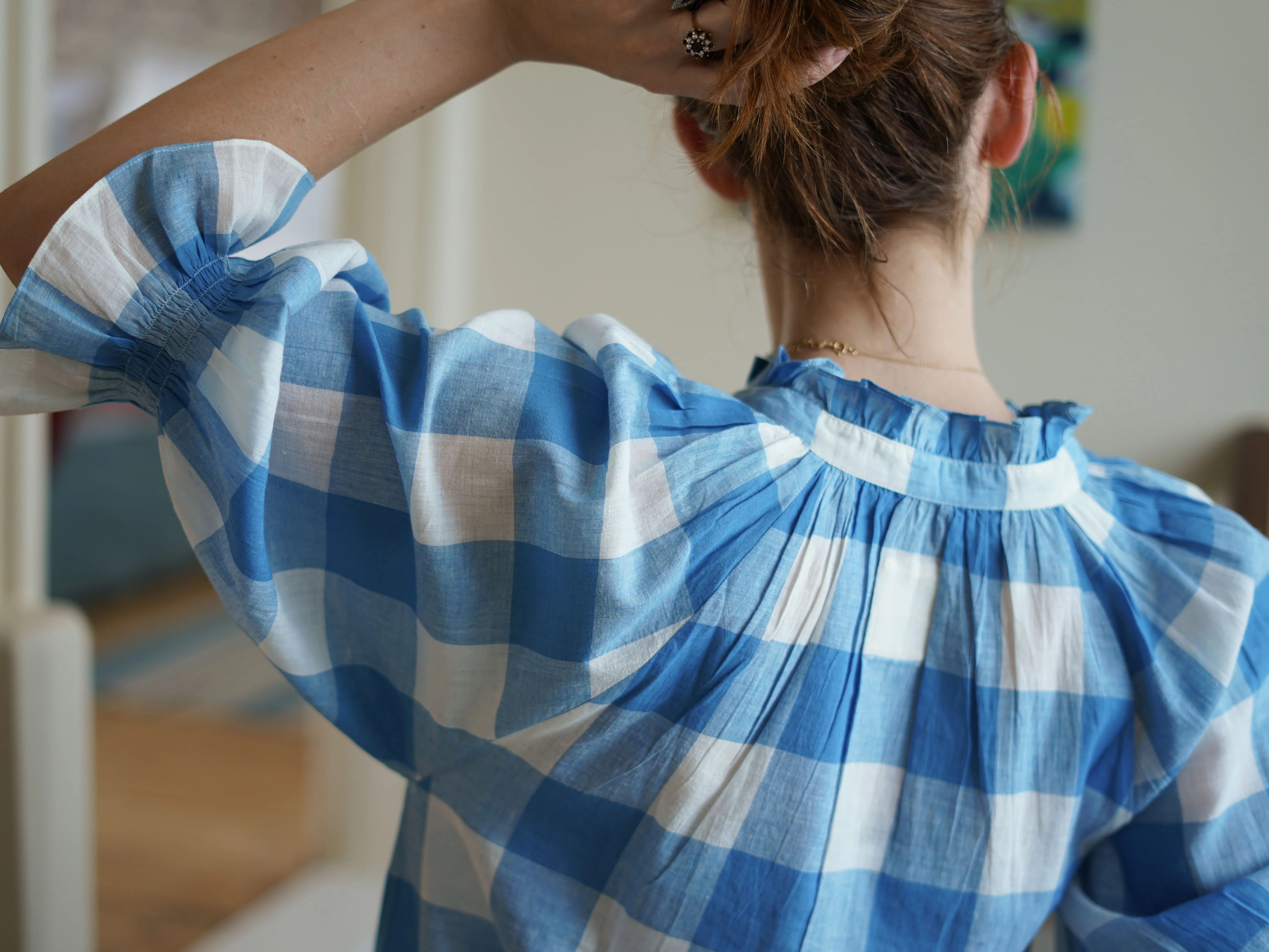 Long-Sleeved Nightie in Blue Handloom Check - Image 5